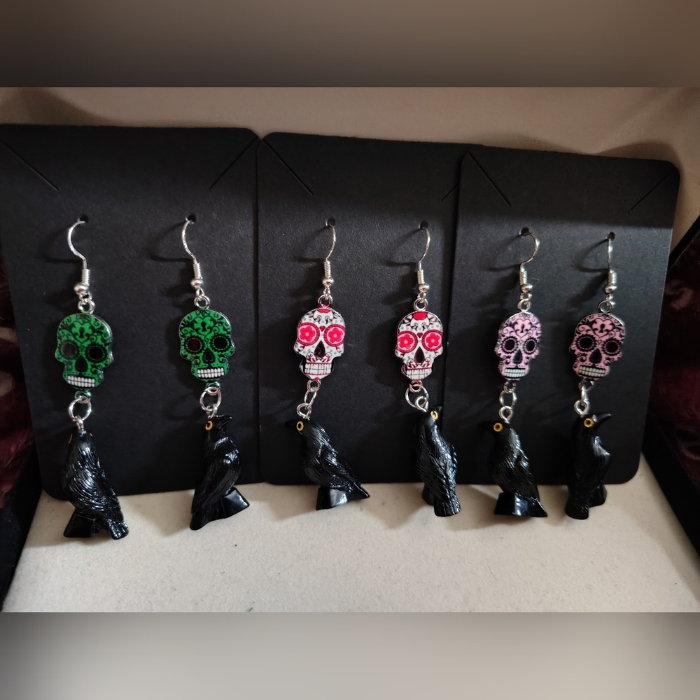 Day of the Dead Sugar Skull & Black Crow Earrings - Colorful Skull Drops